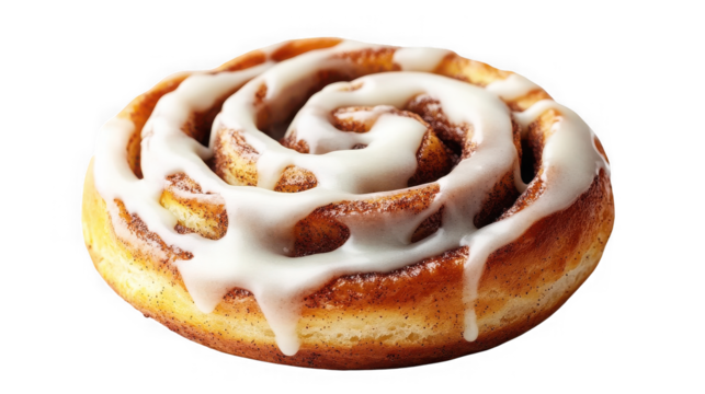 Delicious cinnamon roll with sweet icing close up view on transparent background
