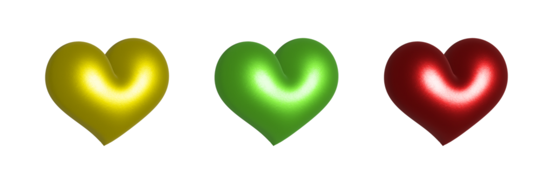 Assorted Metallic Hearts on Transparent Backdrop Gold Green Red Shiny Love Icons Affection Symbols Graphic Design Elements Care Kindness Passionate Romance Charity Support