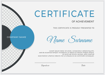 Modern, minimalist certificate template with clean design. Features blue and black geometric circles and a transparent photo placeholder. Ideal for corporate achievements, course completion.Vector.