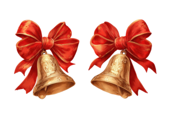 Two golden bells with red bows, detailed digital painting