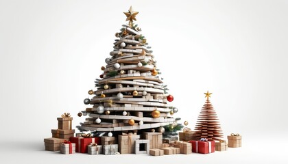 Wooden Christmas Tree with Gifts on White Background