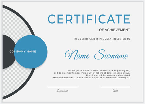 Modern, minimalist certificate template with clean design. Features blue and black geometric circles and a transparent photo placeholder. Ideal for corporate achievements, course completion.Vector.