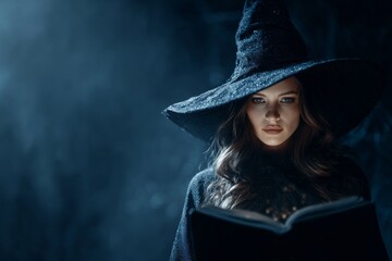 Otherworldly allure: the witch's mystical enclave. Creative poster. Enchanted witchcraft: a spellbound witch in a swirling forest of magic. Visual balance. Minimal design.