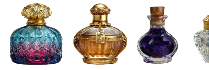 Four ornate bottles of potion-like colored liquid