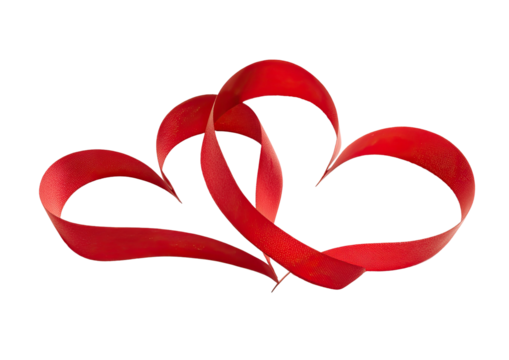 Two red ribbon hearts intertwined against a black background