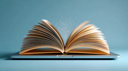 Fototapeta premium modern book and laptop blue back-to-back online a open concept. learning background, symbolizing clean education and on light placed 48504490 1