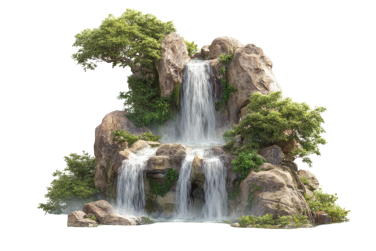 Cascading waterfall over rocks, lush green foliage around