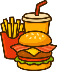 Fast Food Meal Vector – Cartoon Bacon Cheeseburger, French Fries, and Soda Drink Isolated