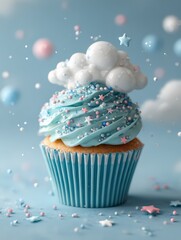 Sky Blue Cupcake with Cloud Frosting and Star Sprinkles