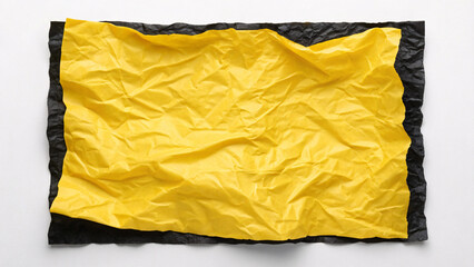 Obraz premium Wrinkled yellow paper sheet bordered by black crumpled paper creating bold frame effect against white surface with dramatic contrast and texture.