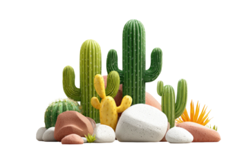 Group of stylized cacti among smooth rocks on dark background
