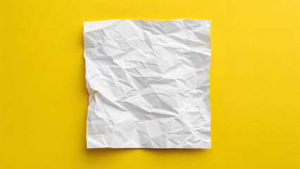 White crumpled paper square centered on bright yellow background showing detailed wrinkles, creases, and dimensional texture in minimalist composition.