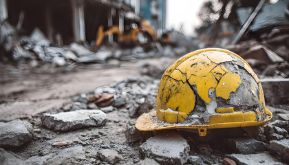 Damaged yellow hard hat lies among ruins. Cracked helmet danger accident at construction site. Safety violation, hazard at demolition area, crumbling building. Concept of workplace injury
