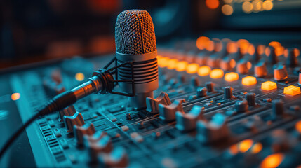 Broadcasting News with Microphone and Mixer in Radio Station Studio