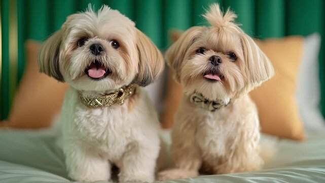 Two shih tzu dogs sitting on a bed with pillows and a green curtain in the background indoors