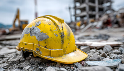 Damaged yellow hard hat lies among ruins. Cracked helmet danger accident at construction site. Safety violation, hazard at demolition area, crumbling building. Concept of workplace injury