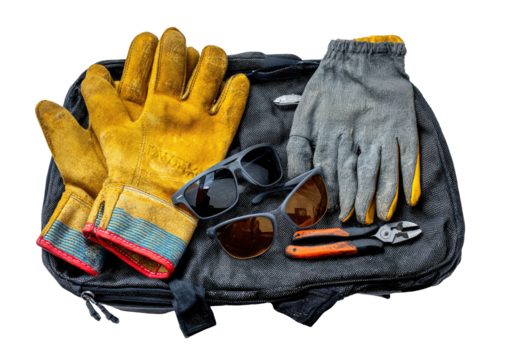 Open black bag showing tools gloves, pliers, sunglasses