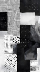 Monochrome abstract collage featuring geometric shapes, dotted patterns, linear textures, and distressed elements in black and white. Design concept.