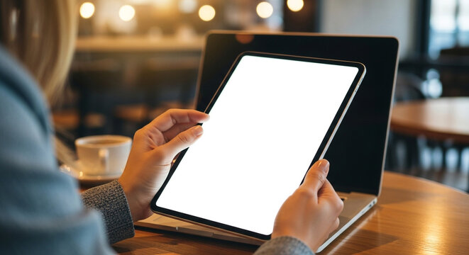 Hands holding a tablet with blank screen over a laptop in a cozy cafe, perfect for mockups and digital content creation.
