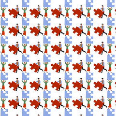 Creative pattern of people carrying puzzle pieces in vibrant colors and playful design style