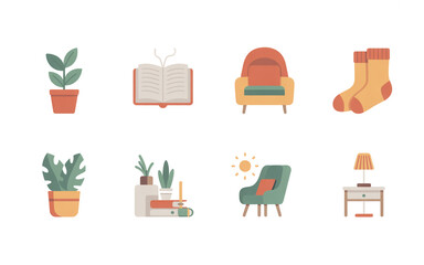 Collection of cozy home icons isolated on white background representing relaxation, comfort, and indoor living
