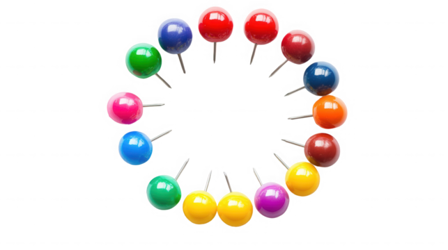 Colorful push pins arranged in a circle create a design on transparent background