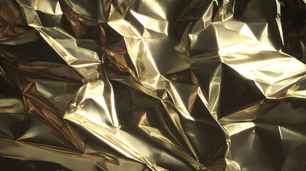 Crumpled gold foil creating a textured, reflective background with highlights and shadows. Luxury concept.