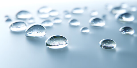Numerous water droplets on a smooth light blue surface with reflections. Science concept.