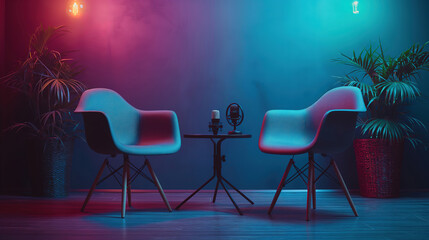 Chairs and Microphones Setup in a Podcast Room for Streaming and Conversations