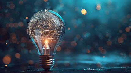 Brain and Virtual Lightbulb on Blue Bokeh Background for Inspiration and Innovation