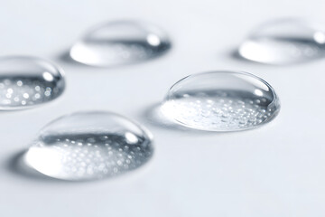 Macro shot of pure water droplets on a clean white surface. Science concept.