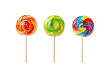 Three spiral lollipops with vibrant colors on sticks