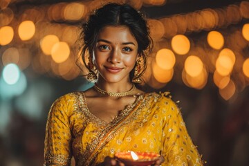 Young Indian woman in traditional yellow sari holding a diya lamp with festive bokeh lights
