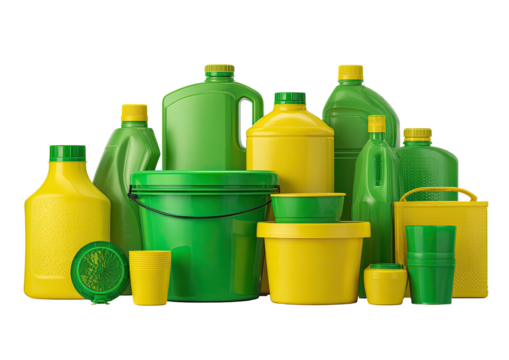 Green & yellow plastic containers of varying shapes/sizes - Powered by Adobe