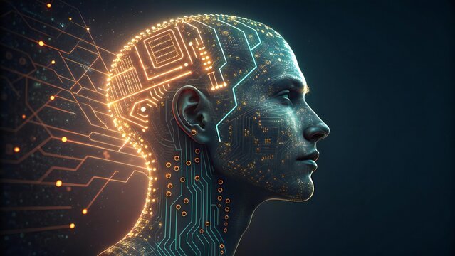Profile of a human head with glowing circuit board patterns and connections on a dark background