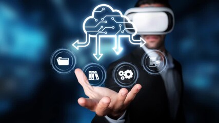 A man in a business suit engages with cloud technology while wearing a virtual reality headset, showcasing innovative digital concepts and the future of data interaction. Raster - Powered by Adobe