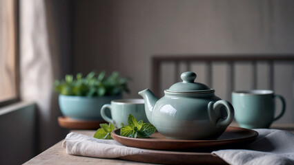 Fototapeta premium Serene Green Tea Setting with Ceramic Teapot, Cups, and Fresh Mint Leaves on Wooden Table