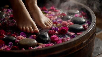 Close up of feet soaking in a wooden tub filled with flowers and stones for spa treatment