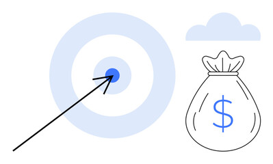 Arrow hitting bullseye of target, money bag with dollar sign, and cloud. Ideal for achievement, goals, business, finance, strategy investment motivation. Simple flat metaphor
