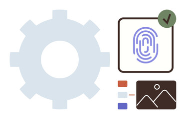 Large gear, fingerprint scanning with checkmark, data chart, and image thumbnail. Ideal for security, authentication, technology, automation, identity verification data analysis digital solutions