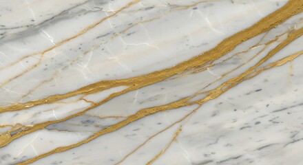Luxurious white marble texture featuring bold, diagonal metallic gold veins, creating a high-end, opulent natural stone pattern