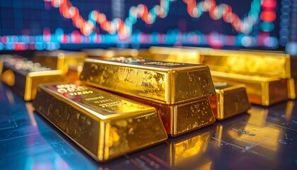 Golden bars stacked prominently in a financial setting with fluctuating market graphs in the background