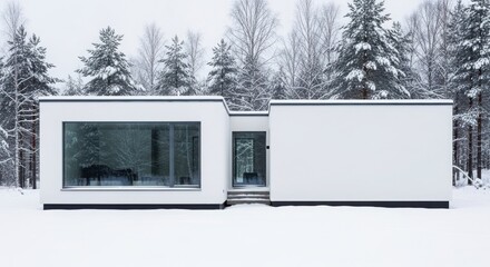 Minimalist white modern house exterior in a snowy forest landscape during winter, featuring a large glass window and a simple entrance