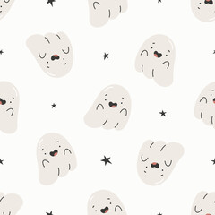 Happy Halloween seamless pattern with cute ghosts. Flat vector background. Halloween design. Creative texture for fabric, wrapping, textile, wallpaper, apparel.	

