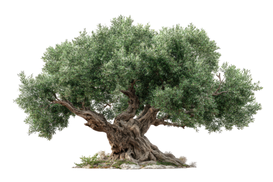 Ancient, gnarled olive tree with lush, green leaves