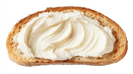 Fototapeta premium Top View of Toasted Bread Slice with Cream Cheese on White Background
