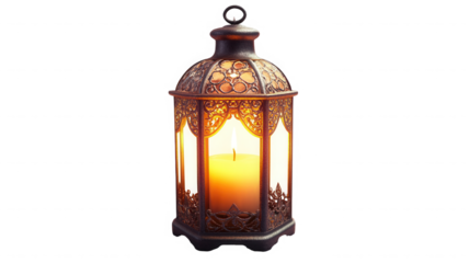 Ornate lantern glows warmly with a candle flame against a on transparent background
