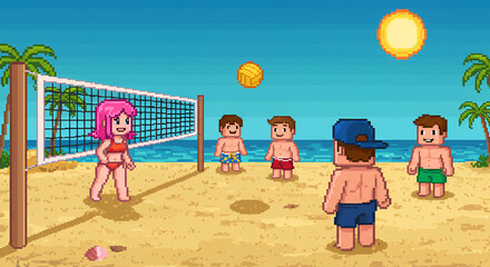 Pixel Art Beach Volleyball Scene with Children and Girl on Sandy Shore in Bright Sunlight