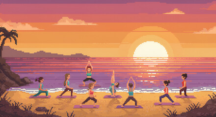 Pixel Art People Practicing Yoga on Beach at Sunset with Calm Water and Vibrant Sky