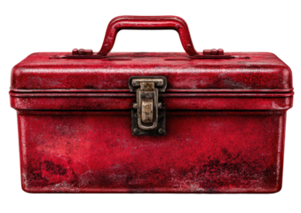 Worn red toolbox, tarnished latch, aged, detailed textures